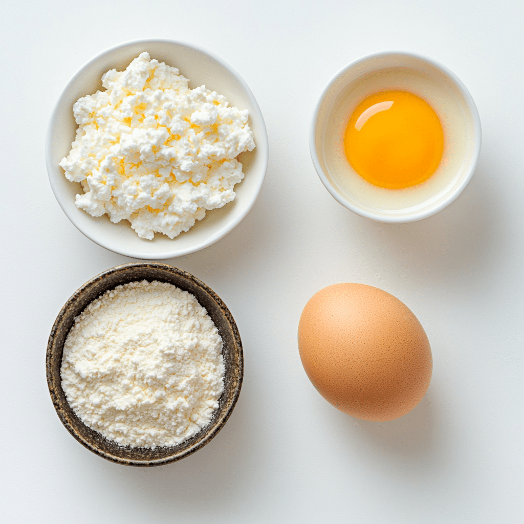 three ingredients for cottage cheese mug cake: cottage cheese, egg, flour