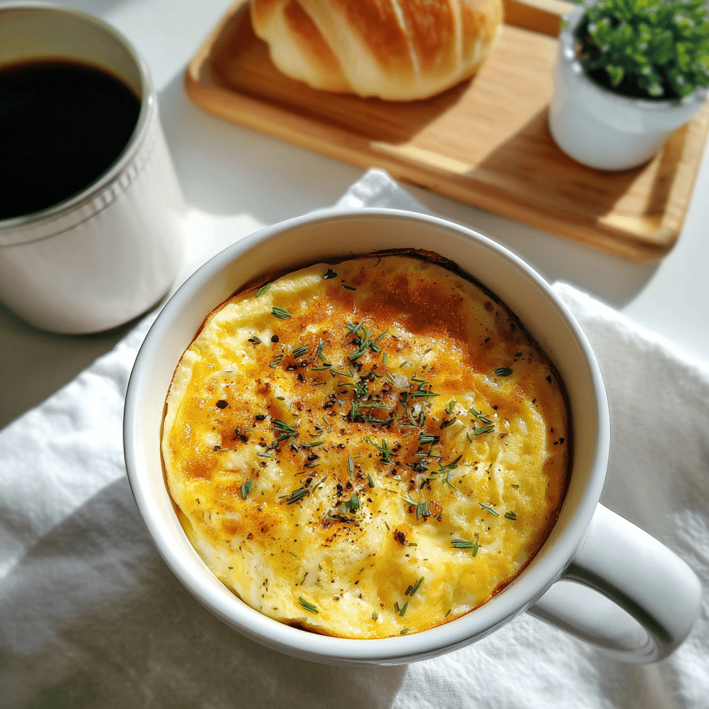 holding microwave omelette in a mug at desk