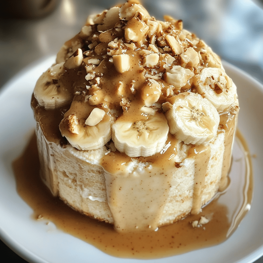 Served banana cottage cheese mug cake with toppings and coffee
