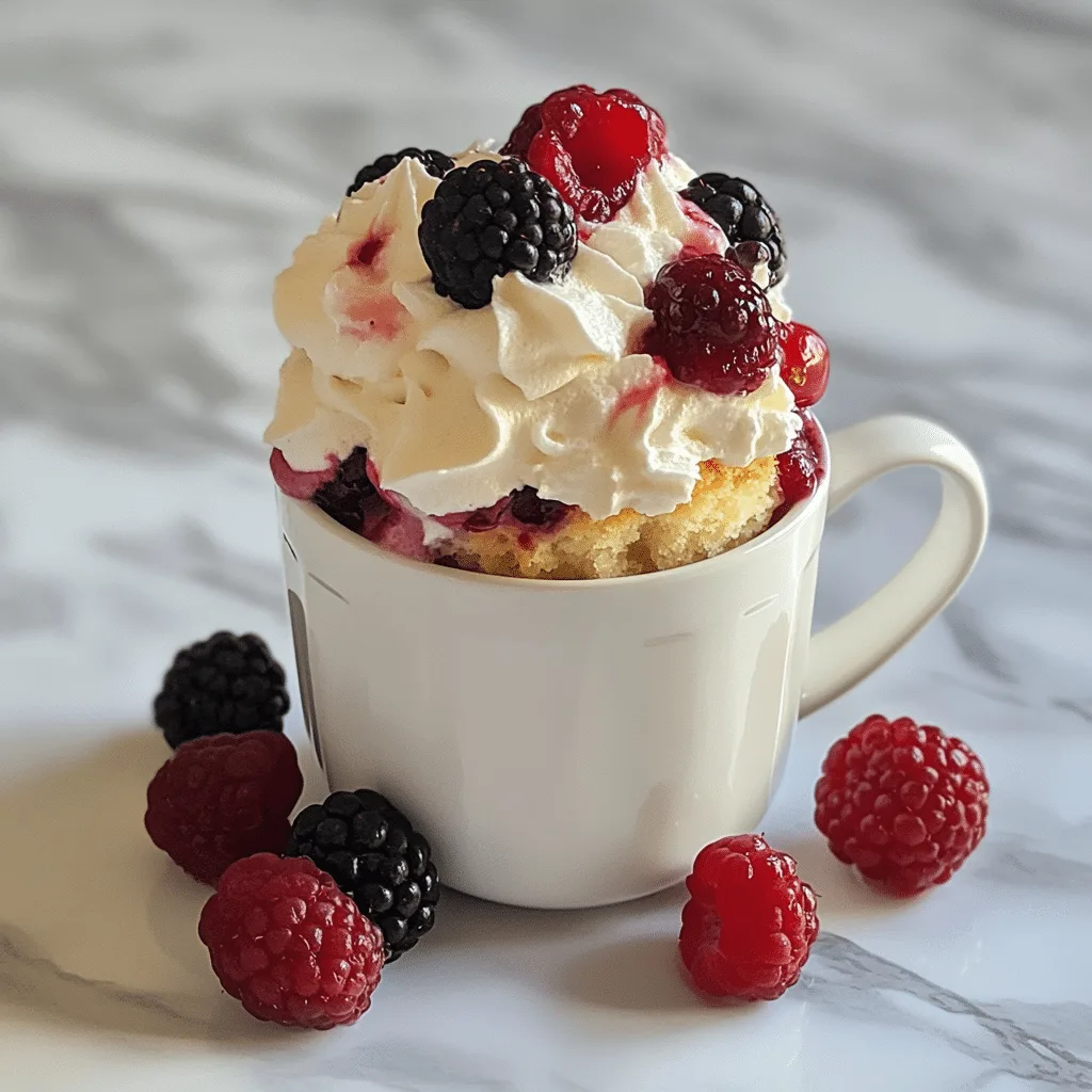 Cherry berry mug cake in ceramic mug with berries on top