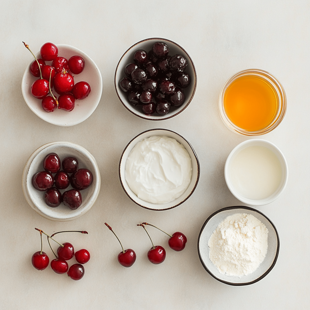 Ingredients for cherry berry mug cake laid out on wooden counter