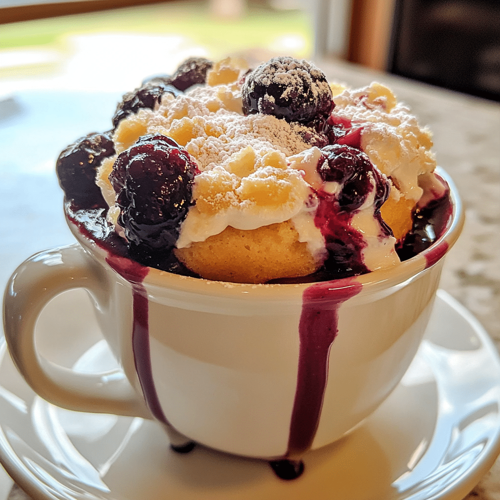 Finished cherry berry mug cake with whipped cream and berries