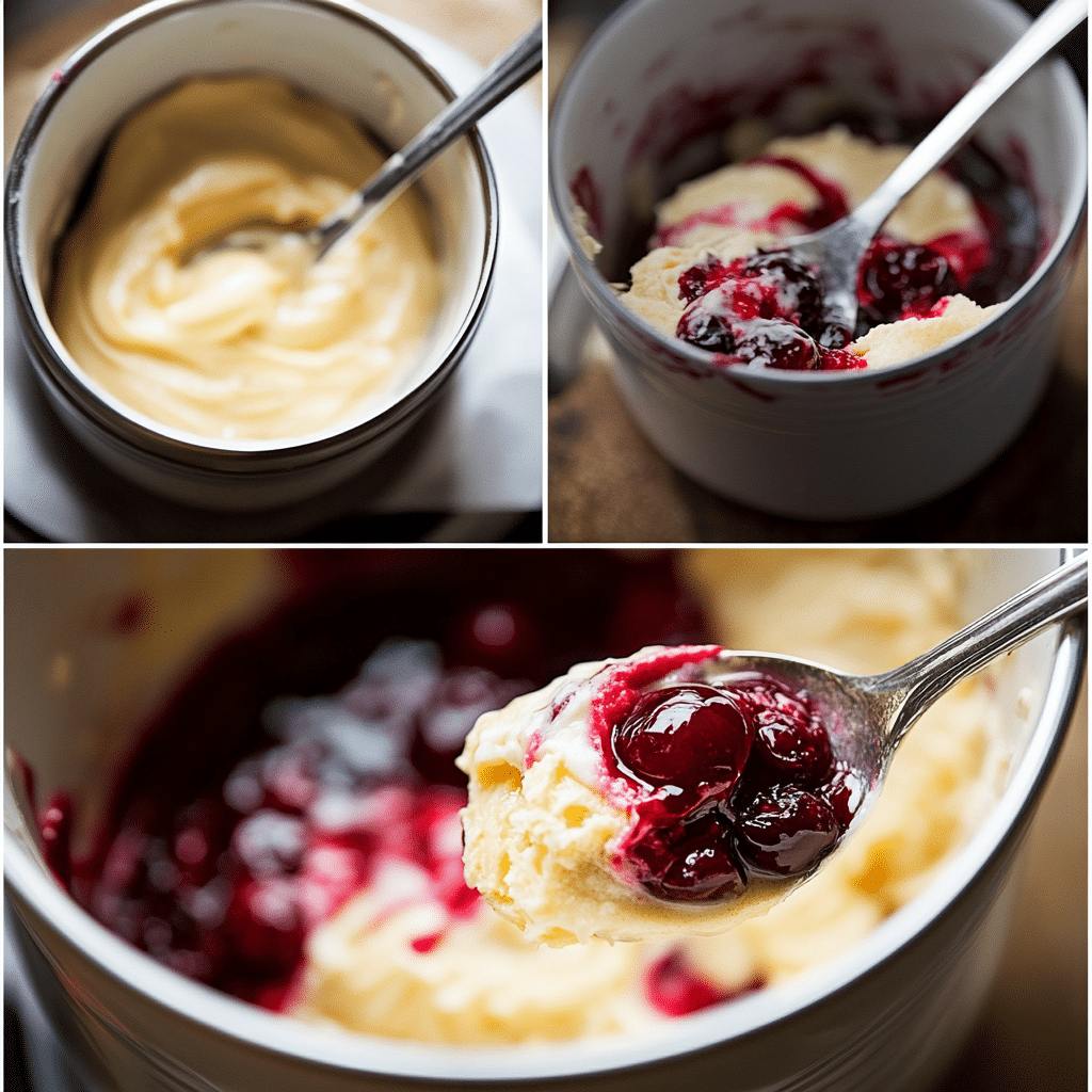 Steps to make cherry berry mug cake in a microwave