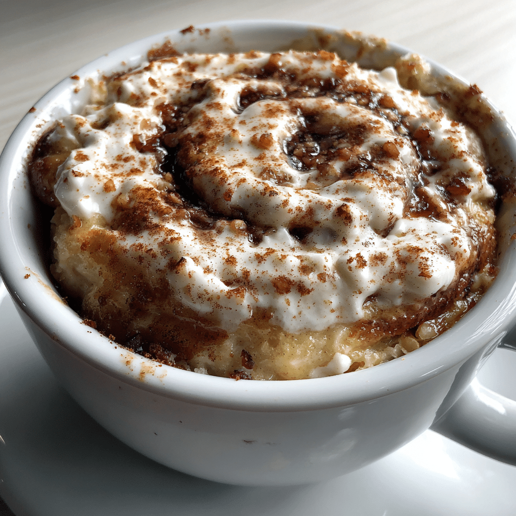 Freshly microwaved cottage cheese cinnamon roll mug cake