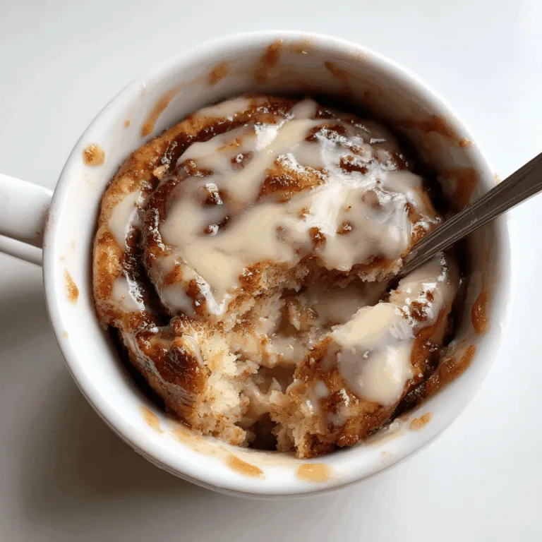 Cottage cheese cinnamon roll mug cake with a bite taken