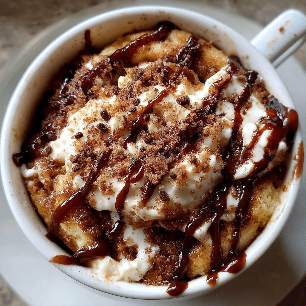 Cottage cheese cinnamon roll mug cake with glaze topping