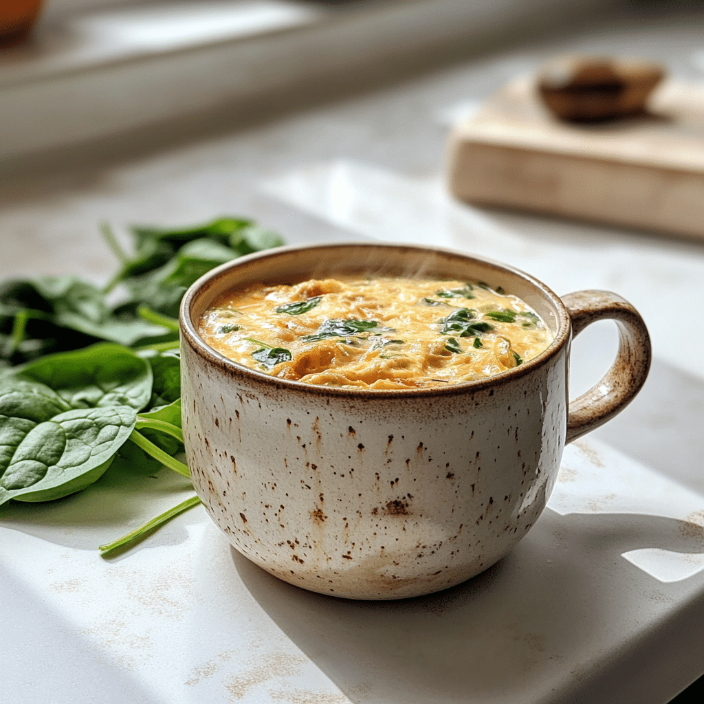 Holding a hot mug of Egg White Spinach Mug Omelette in a small kitchen