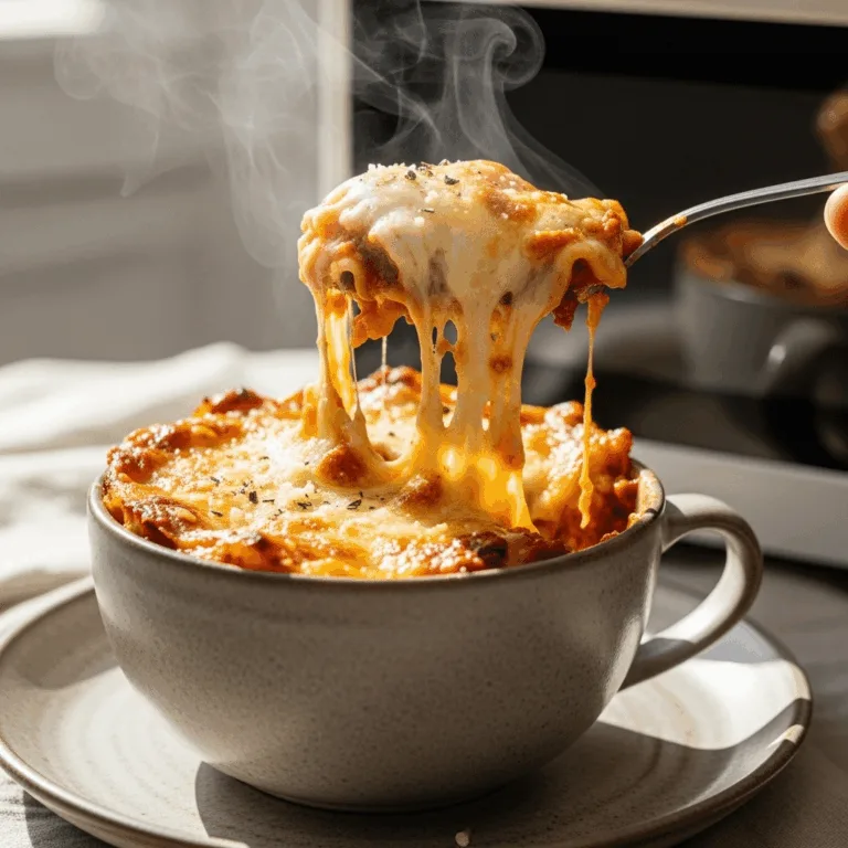 Melty lasagna mug with spoon and cheese pull
