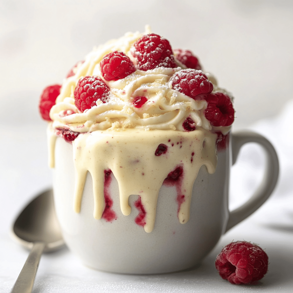 White chocolate raspberry mug cake ingredients on kitchen counter at night