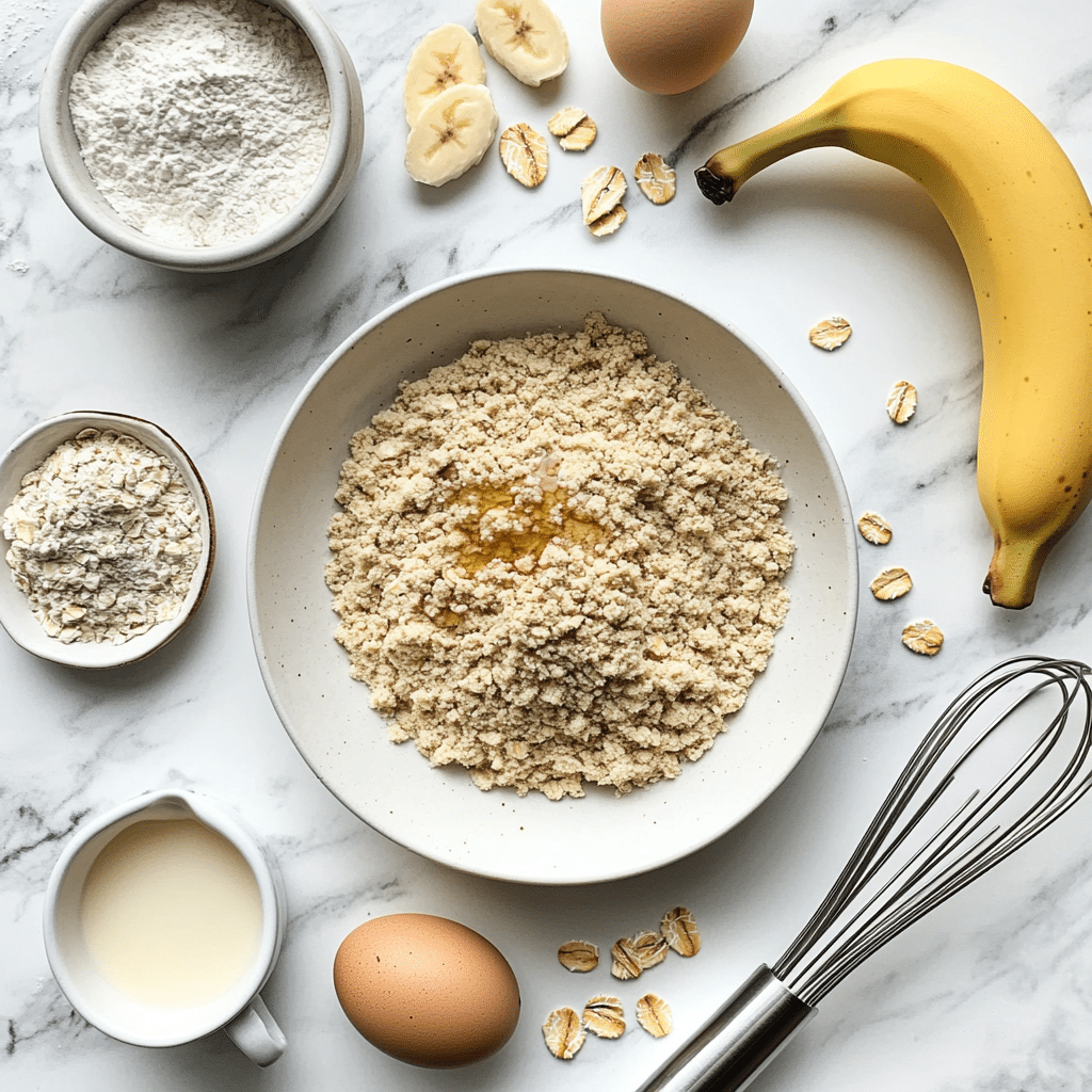 Ingredients for protein pancake mug cake on marble surface
