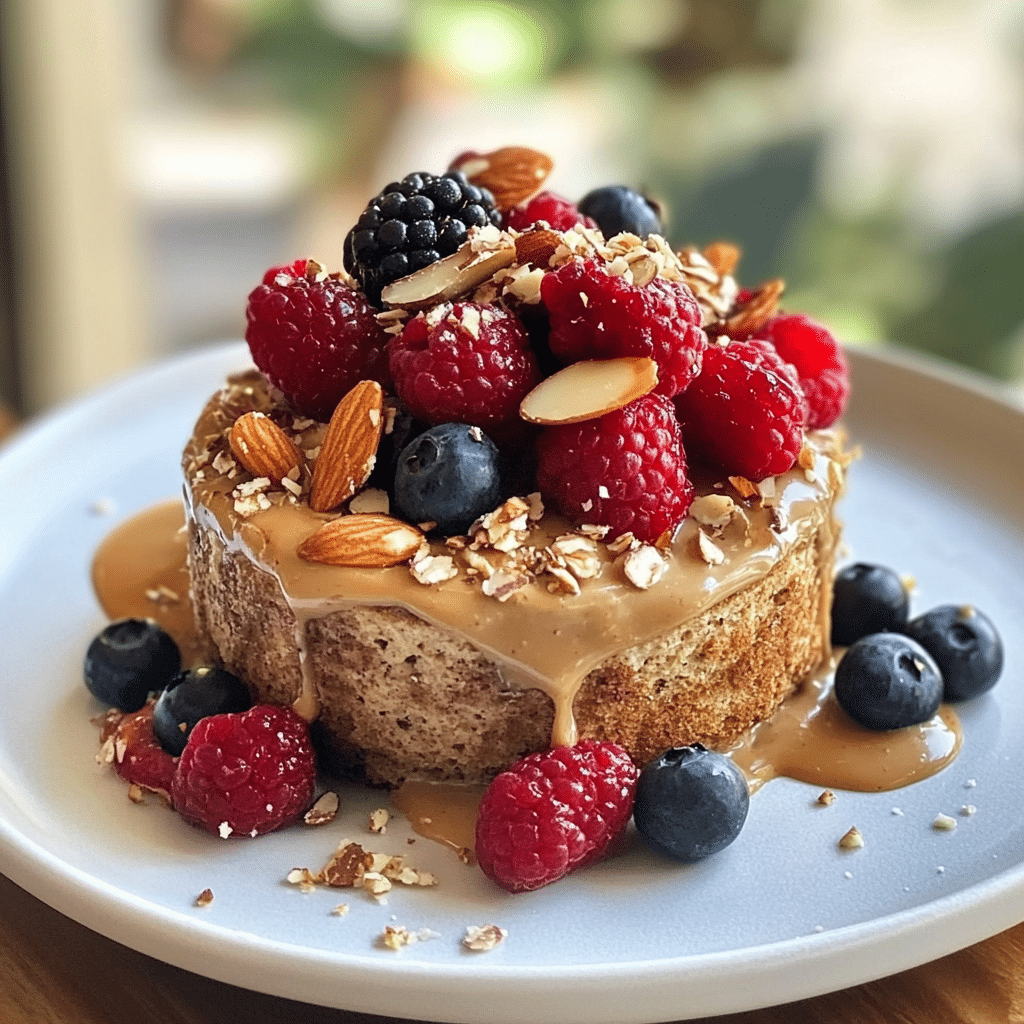 Protein pancake mug cake with berries and nut butter