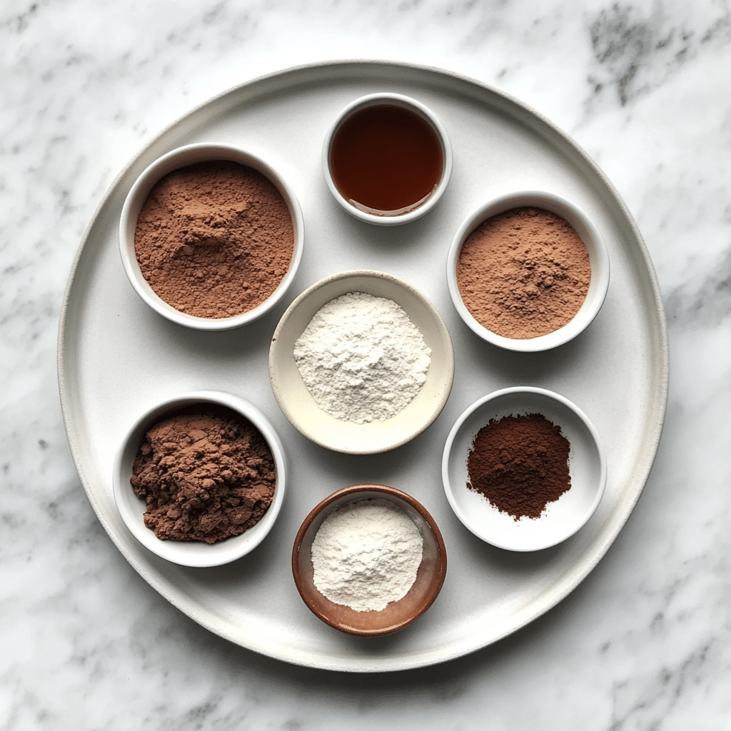 Ingredients for silken tofu chocolate mug cake on marble surface