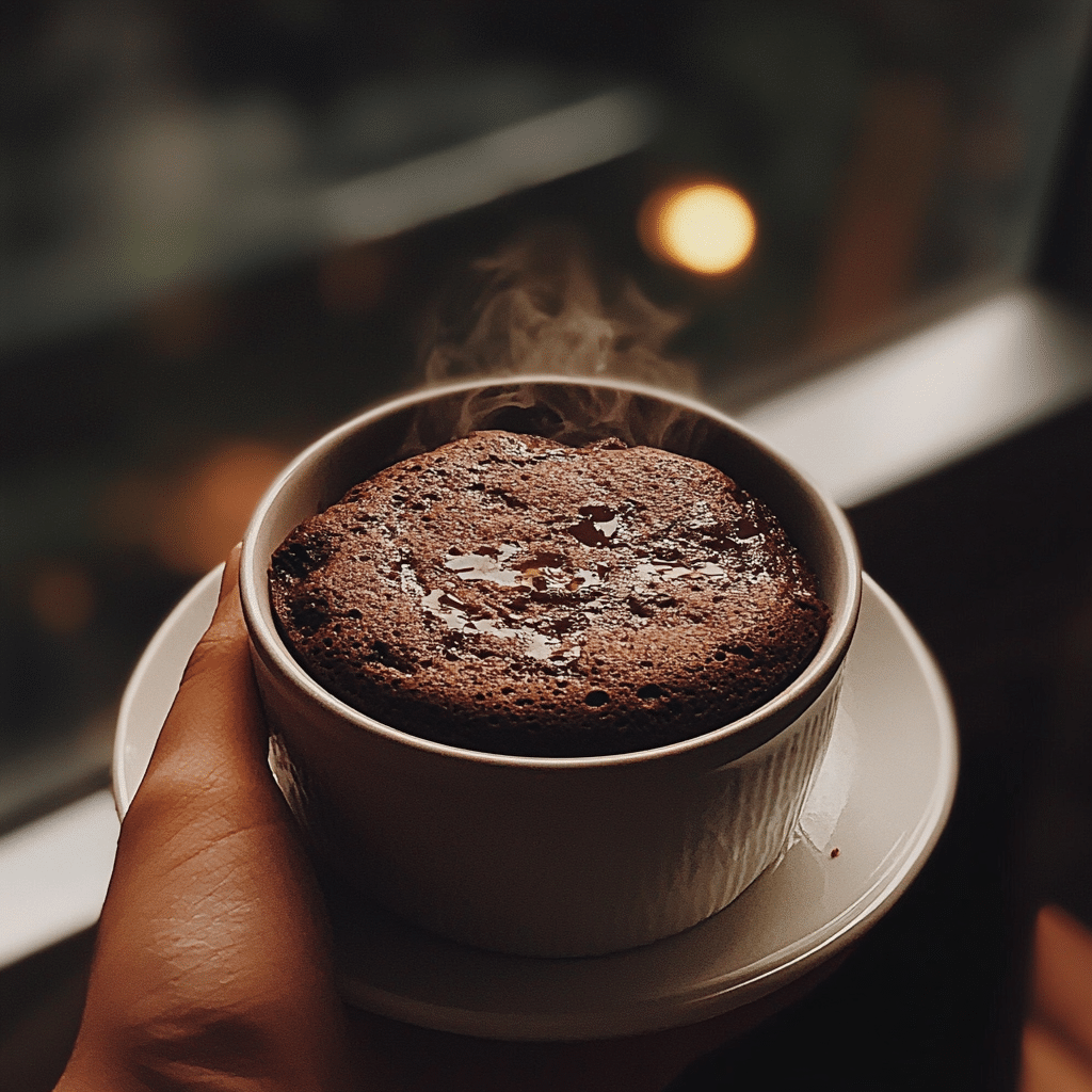 Freshly made silken tofu chocolate mug cake on windowsill