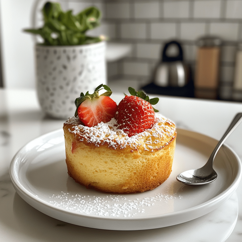 Fresh and frozen strawberries beside a steaming strawberry mug cake