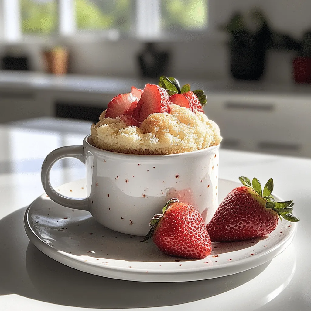 Strawberry cake in a mug topped with fresh berries in a cozy kitchen