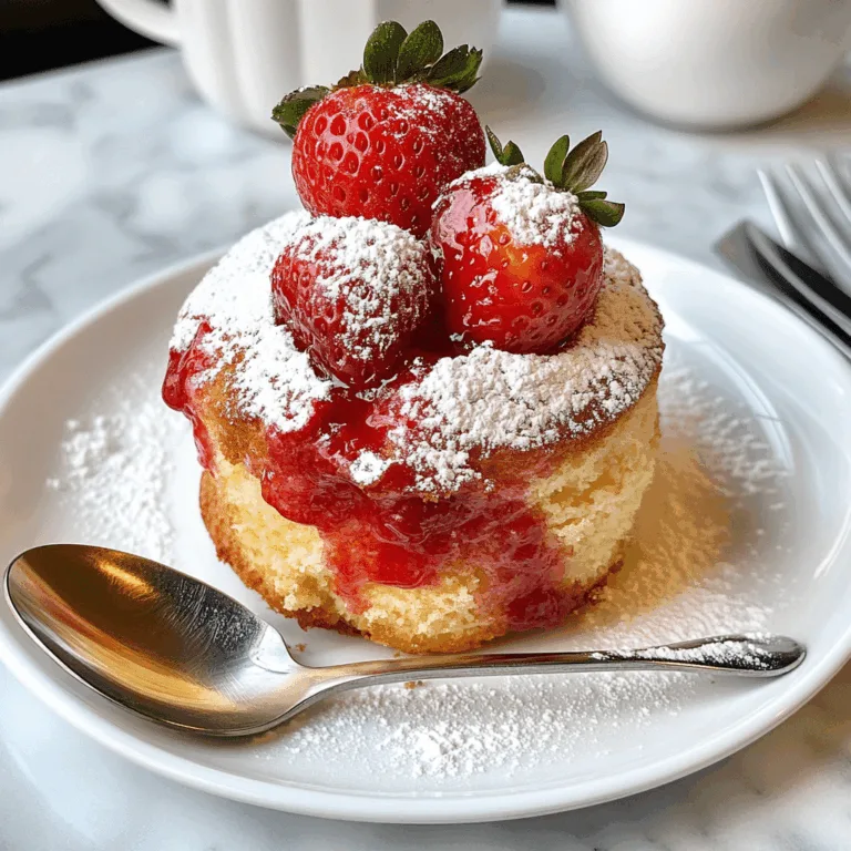Strawberry mug cake with powdered sugar and a spoon ready to eat