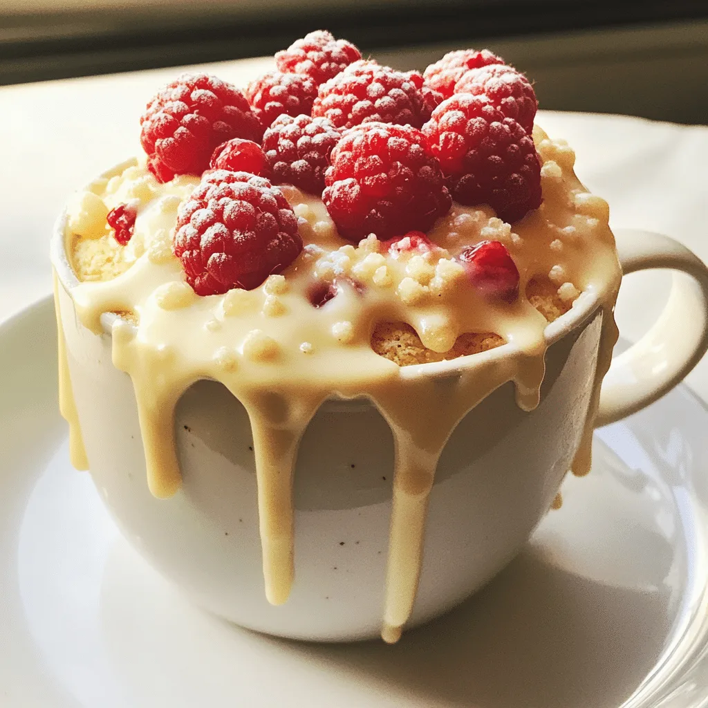 White chocolate raspberry mug cake on kitchen counter