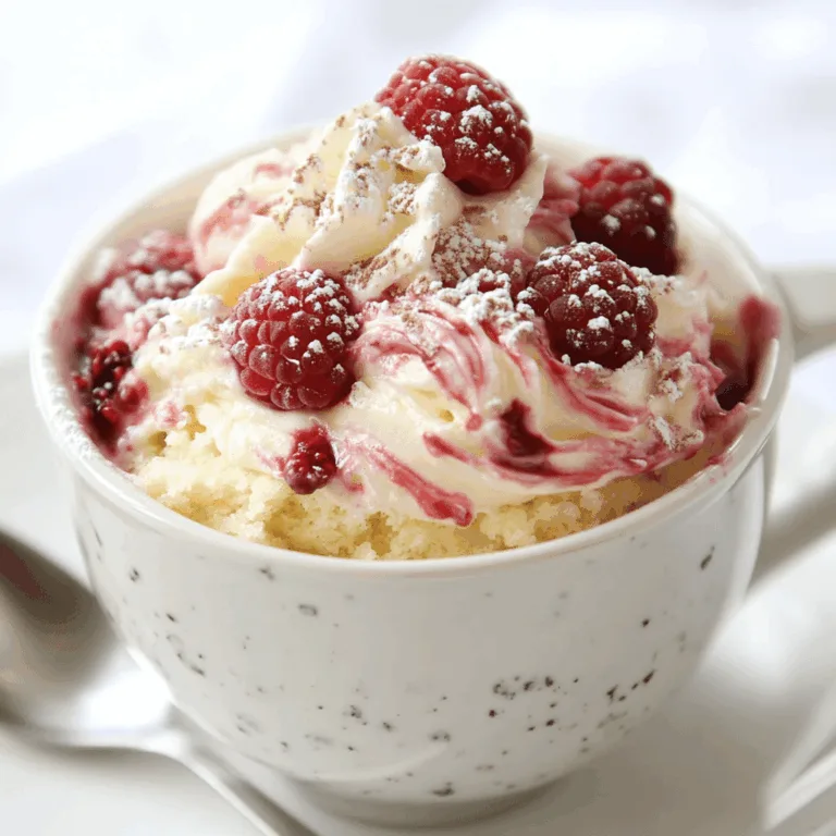 White chocolate raspberry mug cake served with gooey center visible