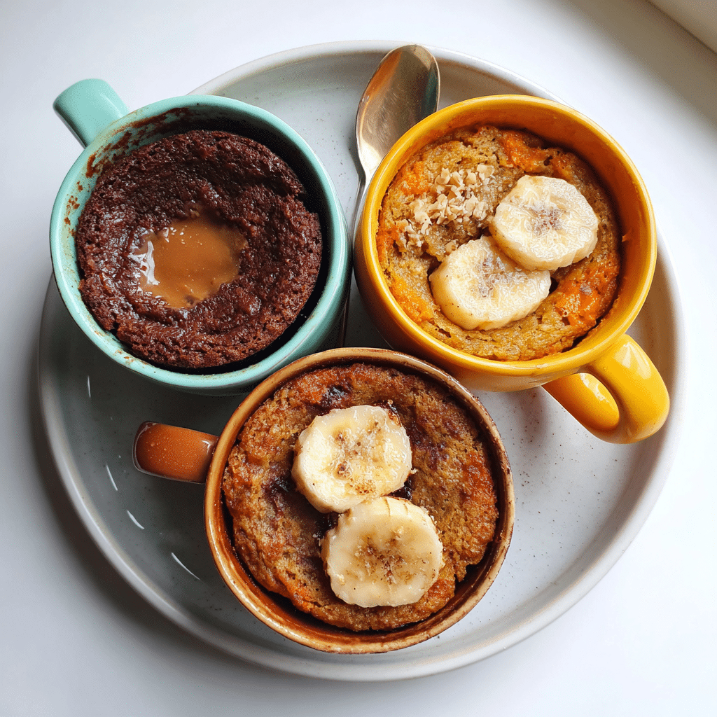 Cottage cheese mug cake trio: chocolate, carrot, and banana