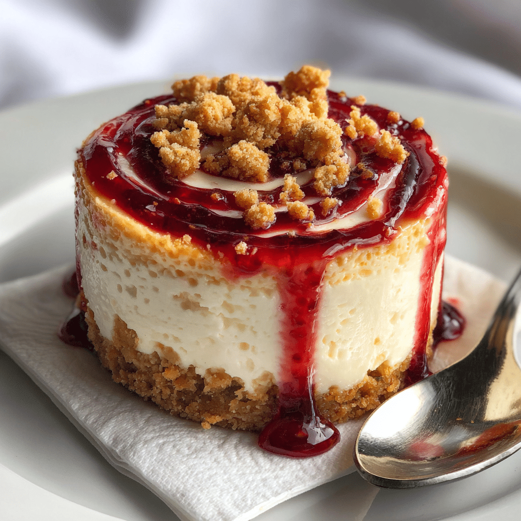 cheesecake in a mug with jam swirl and cookie topping