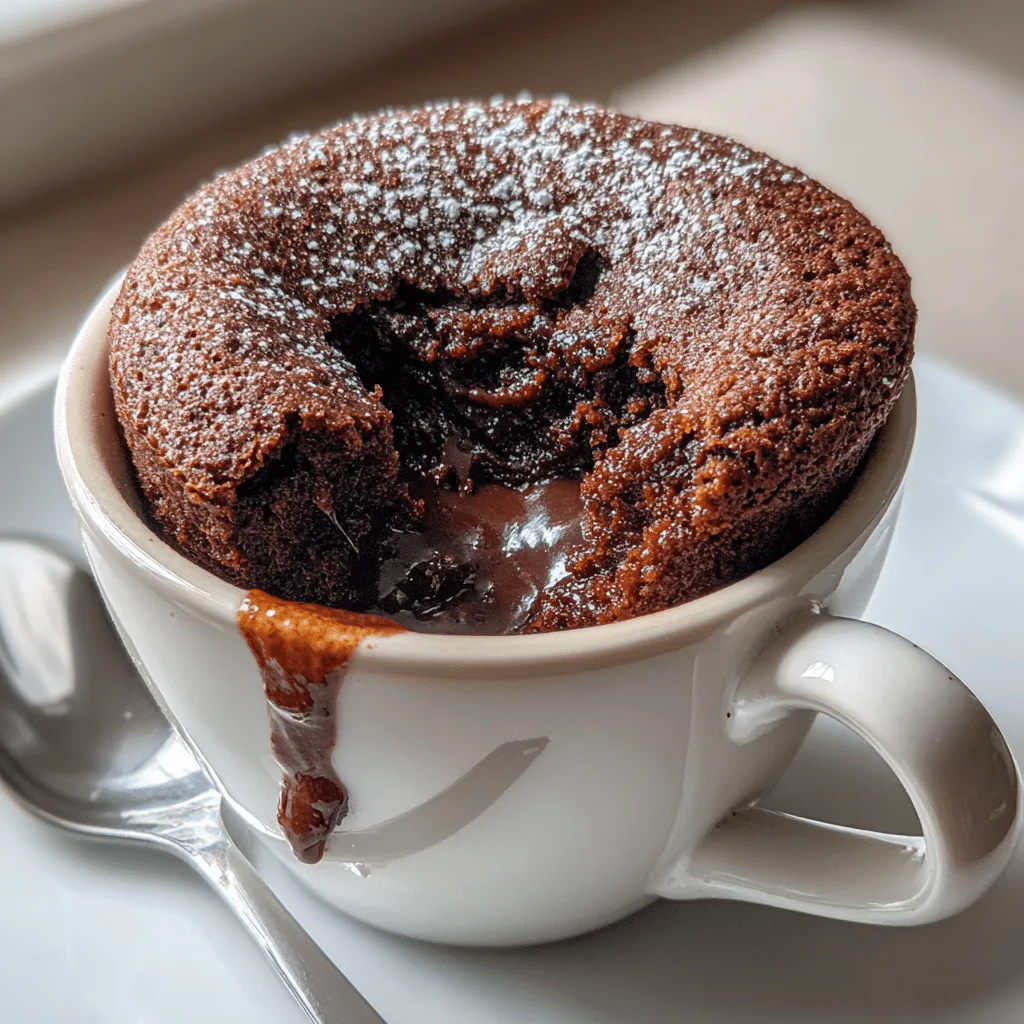 Chocolate mug cake in ceramic mug with gooey center