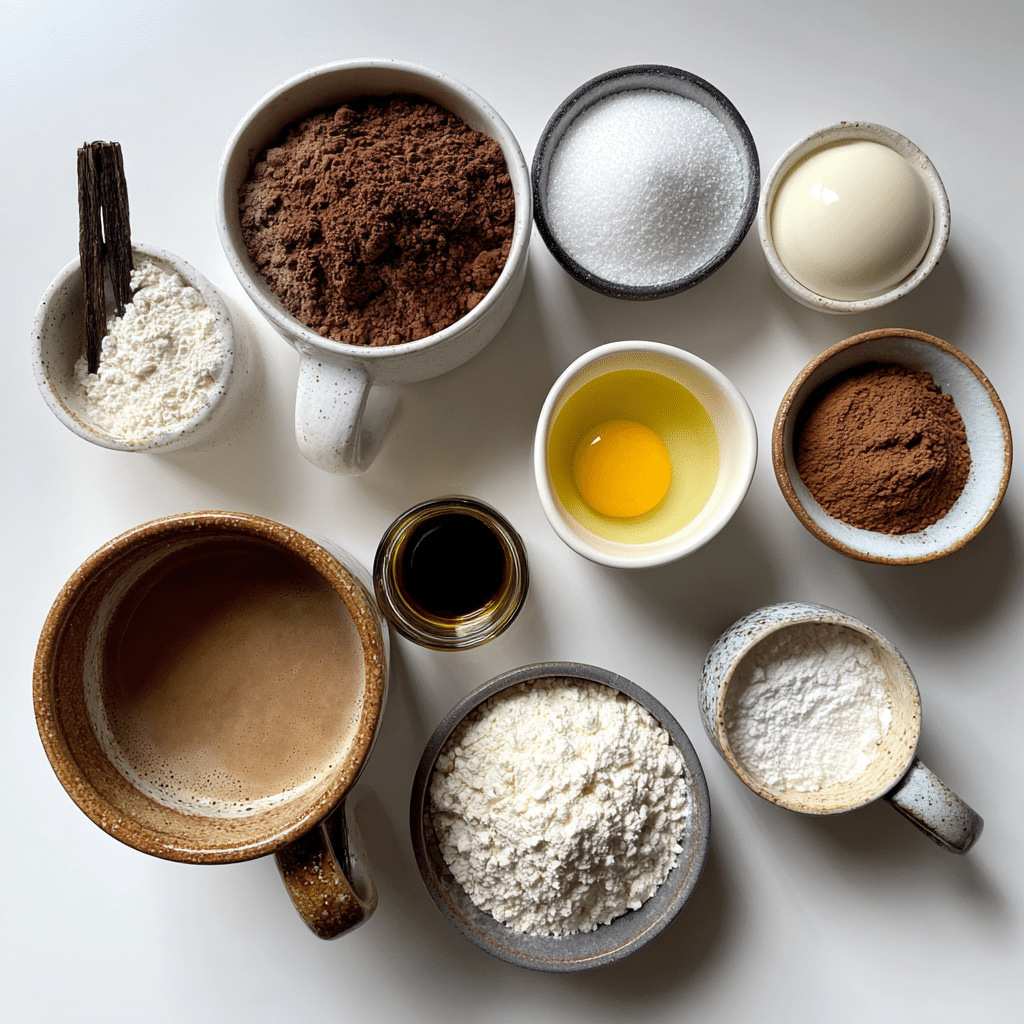Chocolate mug cake ingredients laid out on table