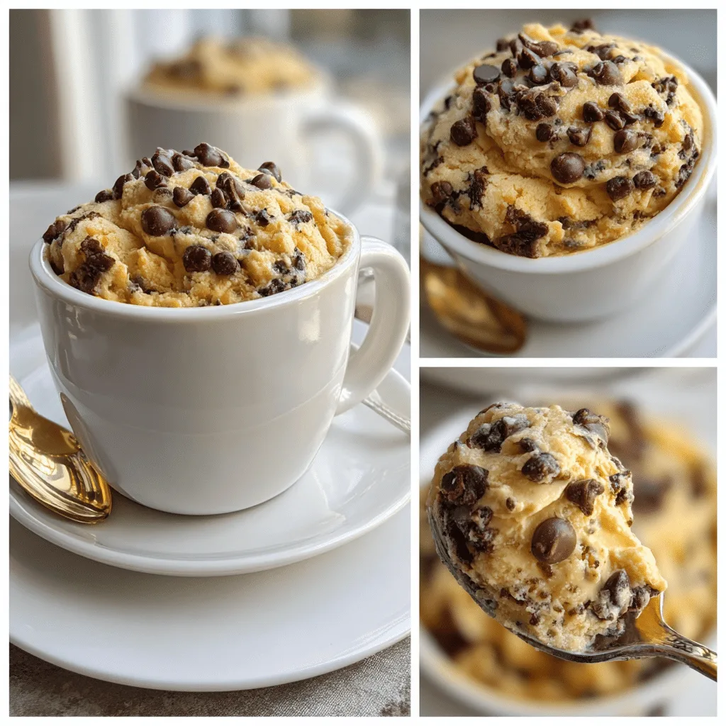 Cottage cheese cookie dough in a white mug on wooden counter
