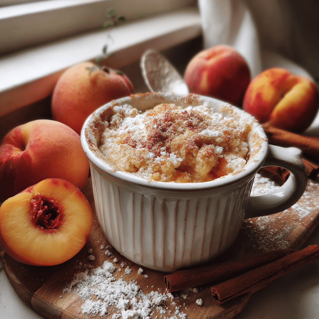 Cottage cheese peach cobbler mug with healthy ingredients