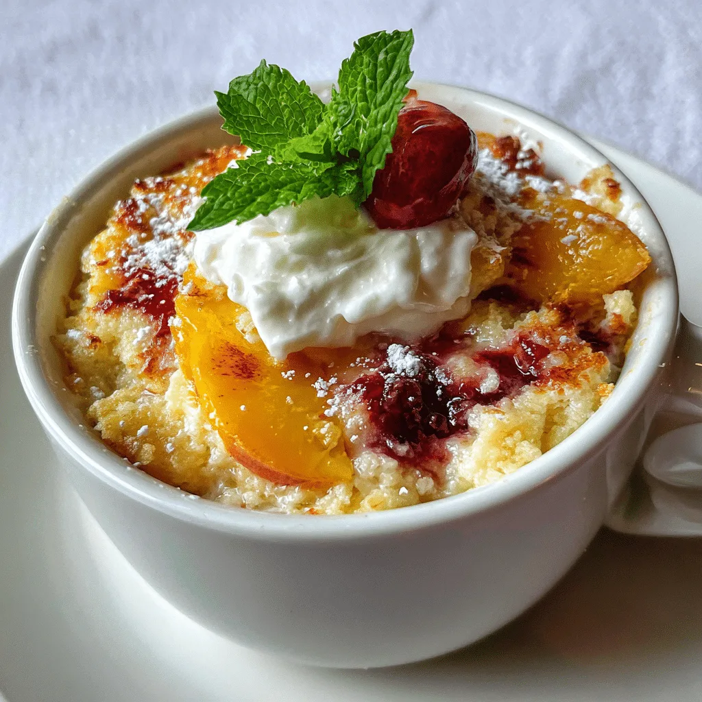 Cottage cheese peach cobbler mug with rustic kitchen ingredients