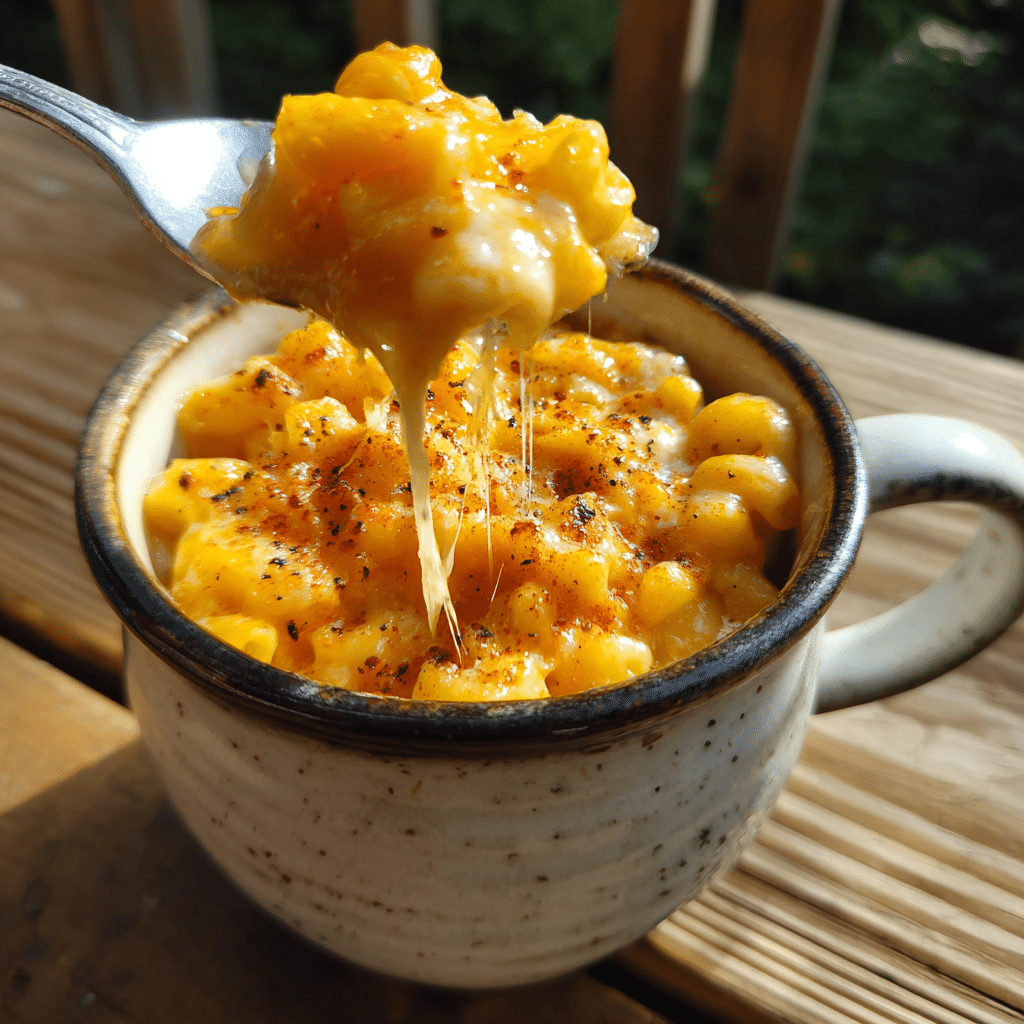 creamy pumpkin mac and cheese in a mug with cheese pull