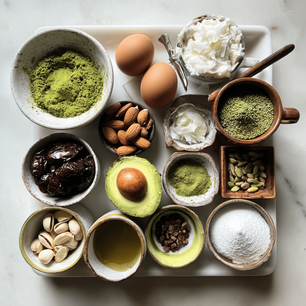 Keto Matcha Mug Cake ingredients laid out on a counter