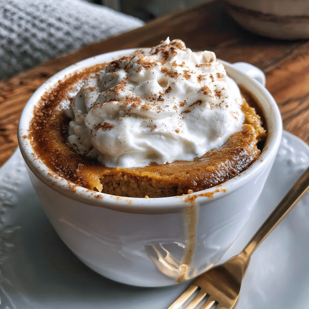 Close-up of warm keto pumpkin pie in a mug