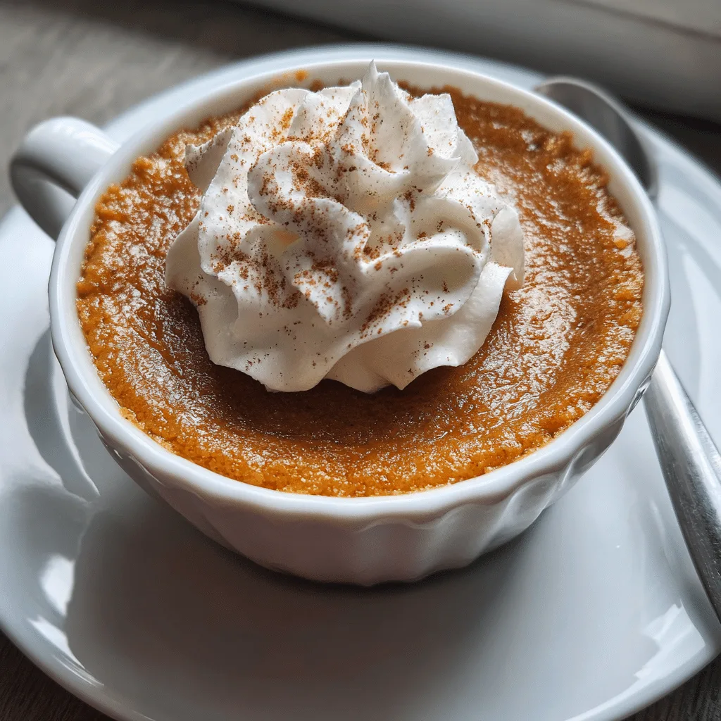 Keto pumpkin pie in a mug on a rustic wooden table