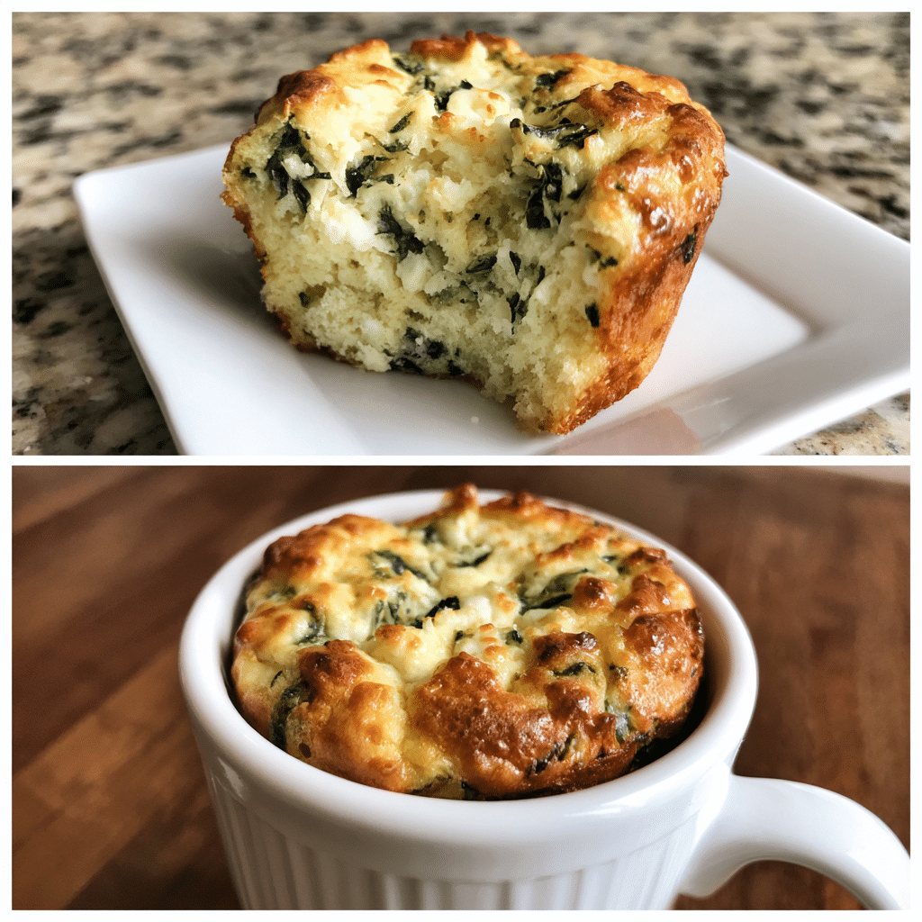 Keto spinach feta mug muffin served on white plate