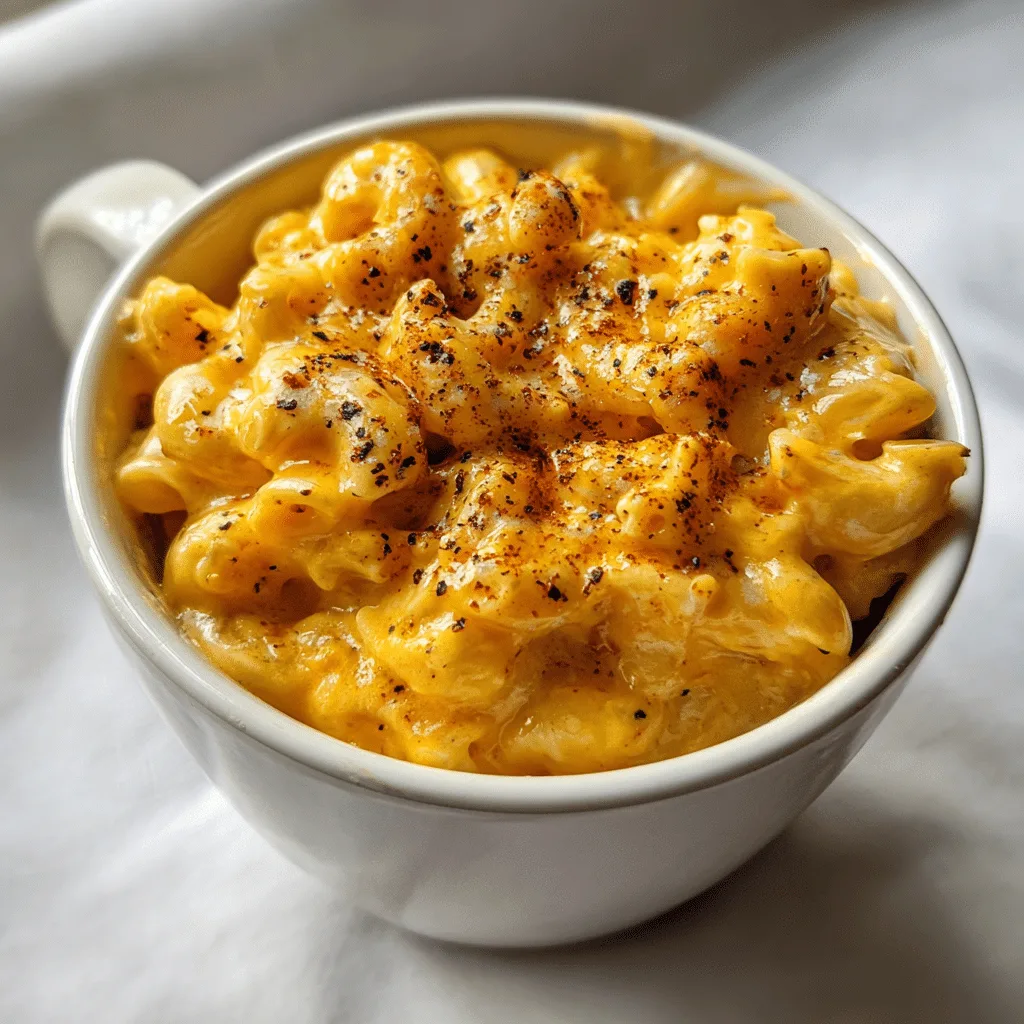 pumpkin mac and cheese in a mug topped with melted cheddar