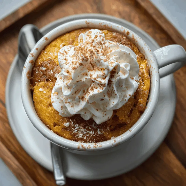 Pumpkin mug cake with caramel drizzle and a bite taken out