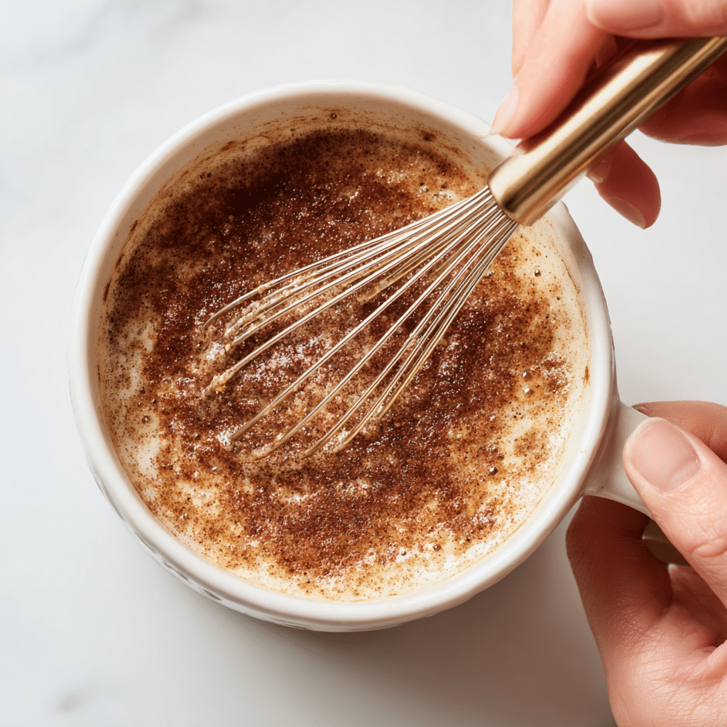 Mixing Snickerdoodle Mug Cake batter in a mug