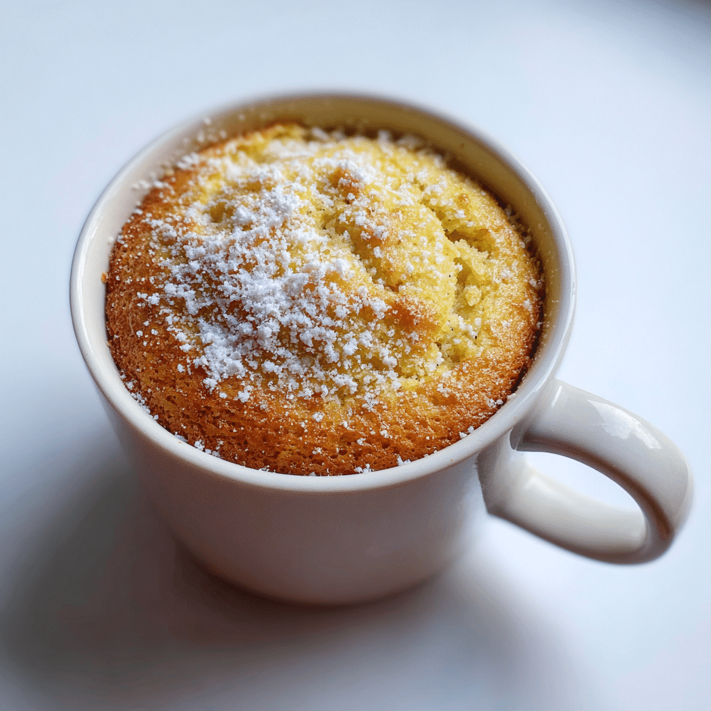 Spoon digging into a warm lupin flour protein mug cake