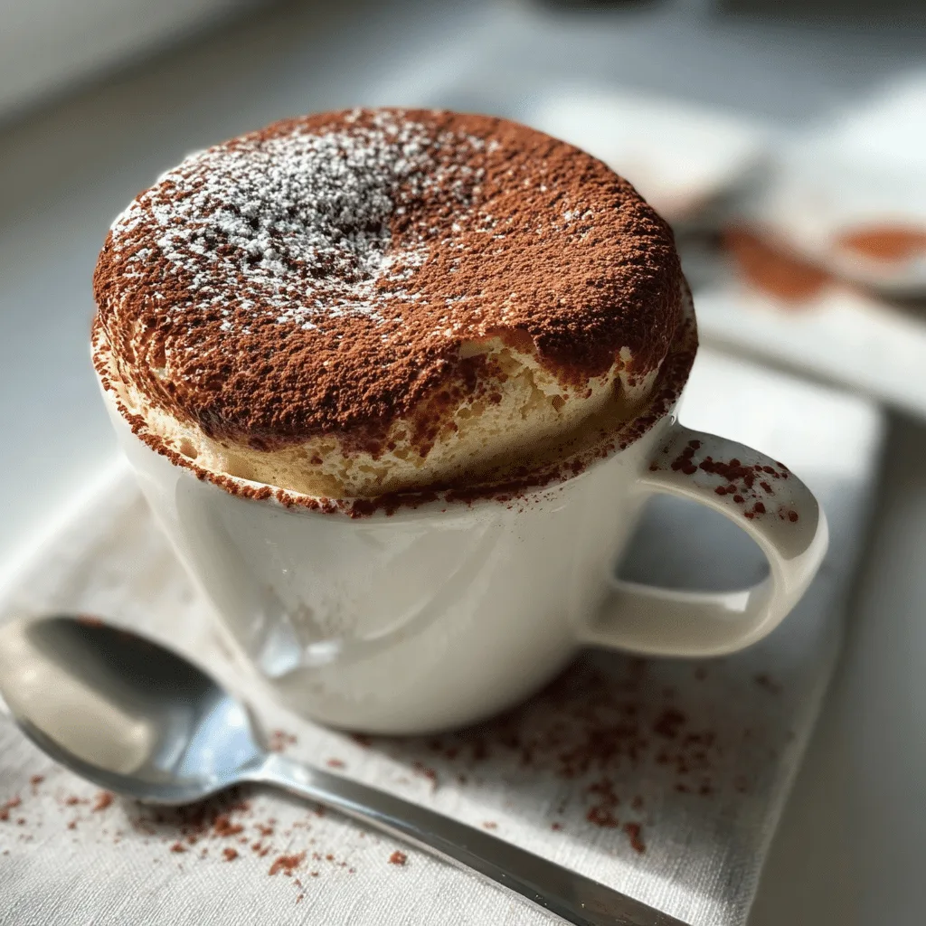 Tiramisu cottage cheese mug cake in a white mug with cocoa dust