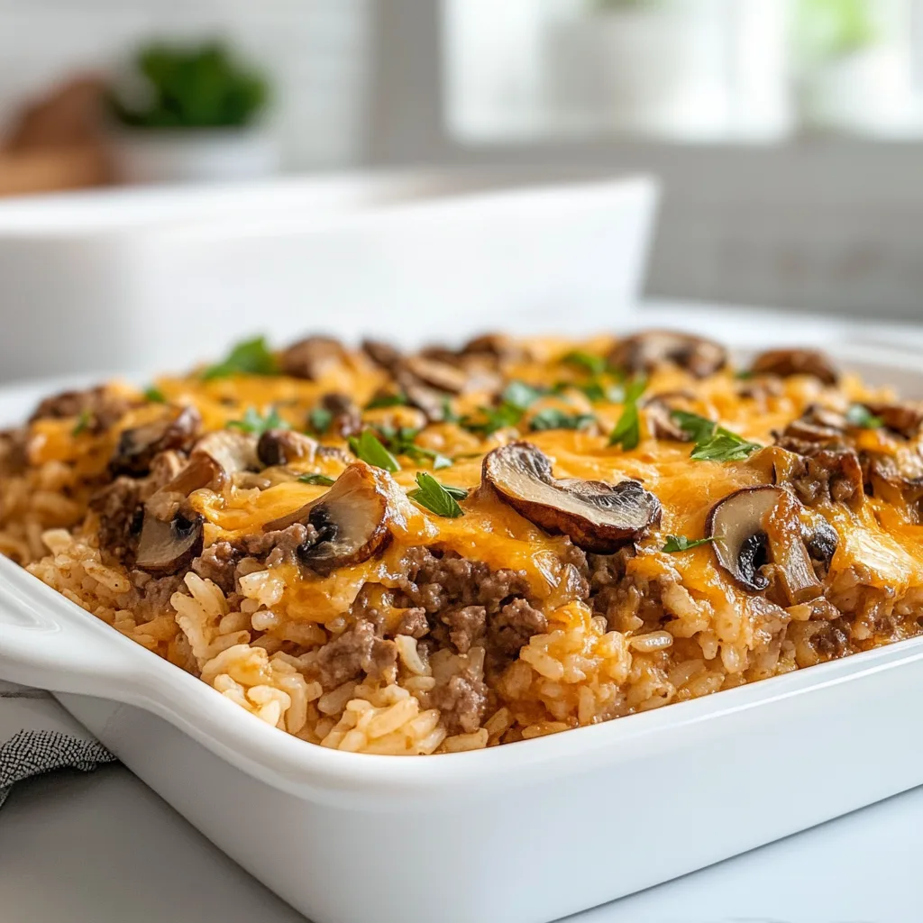 Cheesy Beef and Rice Casserole with Mushrooms | Easy Comfort Food Recipe