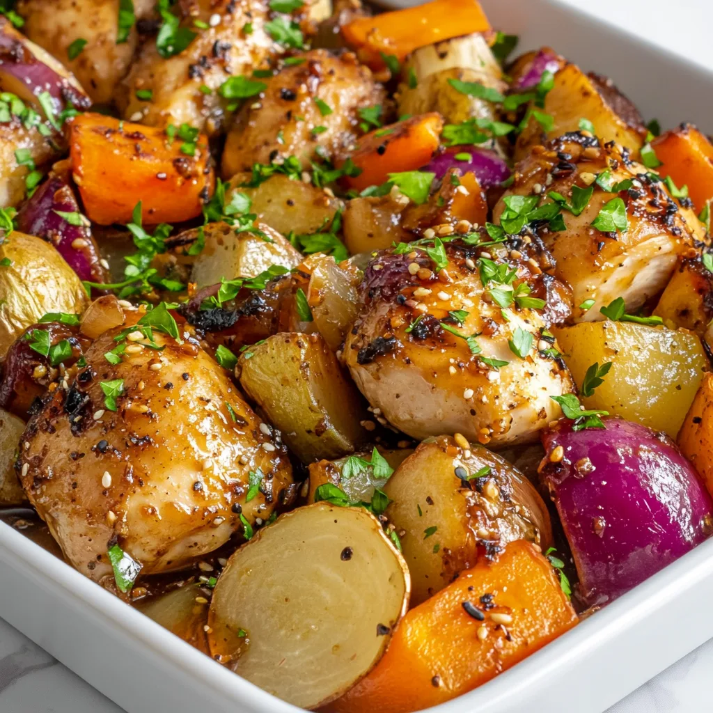 Sheet Pan Miso Honey Garlic Chicken & Root Vegetables Recipe | Easy One-Pan Dinner