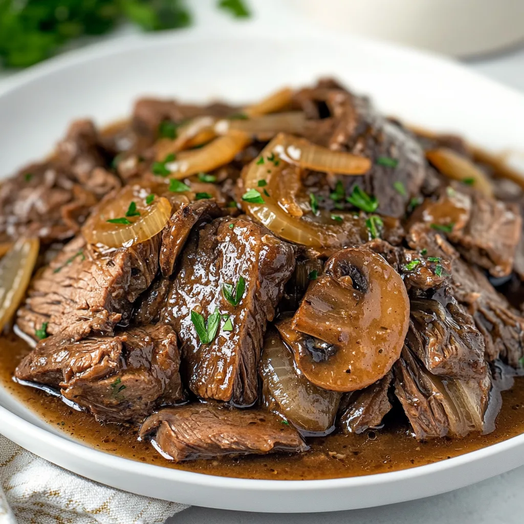 Slow Cooker Mushroom Roast Beef with Onion Gravy | Easy Comfort Food Recipe