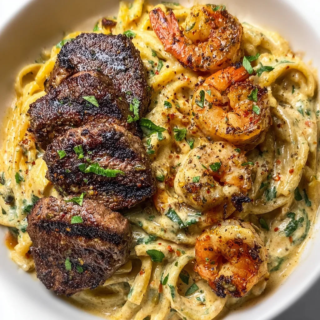 Blackened Steak Shrimp Alfredo Recipe | Creamy Cajun Seafood Pasta