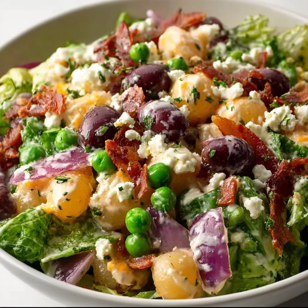 Classic Divorce Salad Recipe | Crisp Lettuce, Peas, Bacon, Cheese & Creamy Dressing