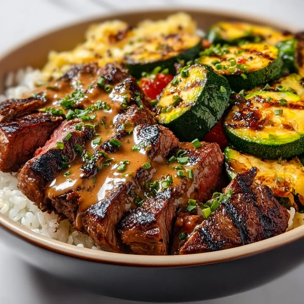 Grilled Steak Bowl with Sauce & Grilled Zucchini | Easy Healthy Recipe