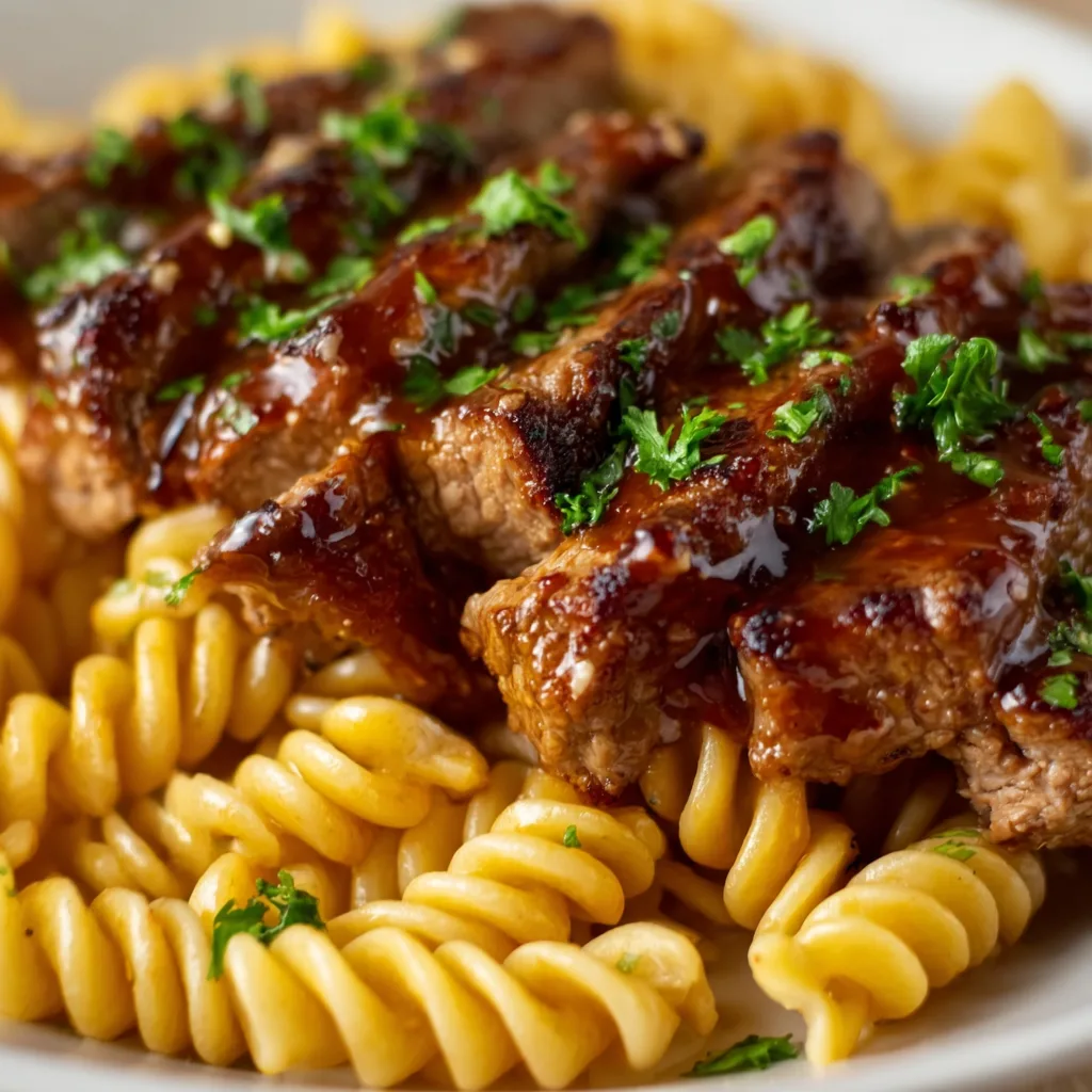 Sticky Honey Garlic Steak and Rotini Recipe | Sweet & Savory Pasta Dinner