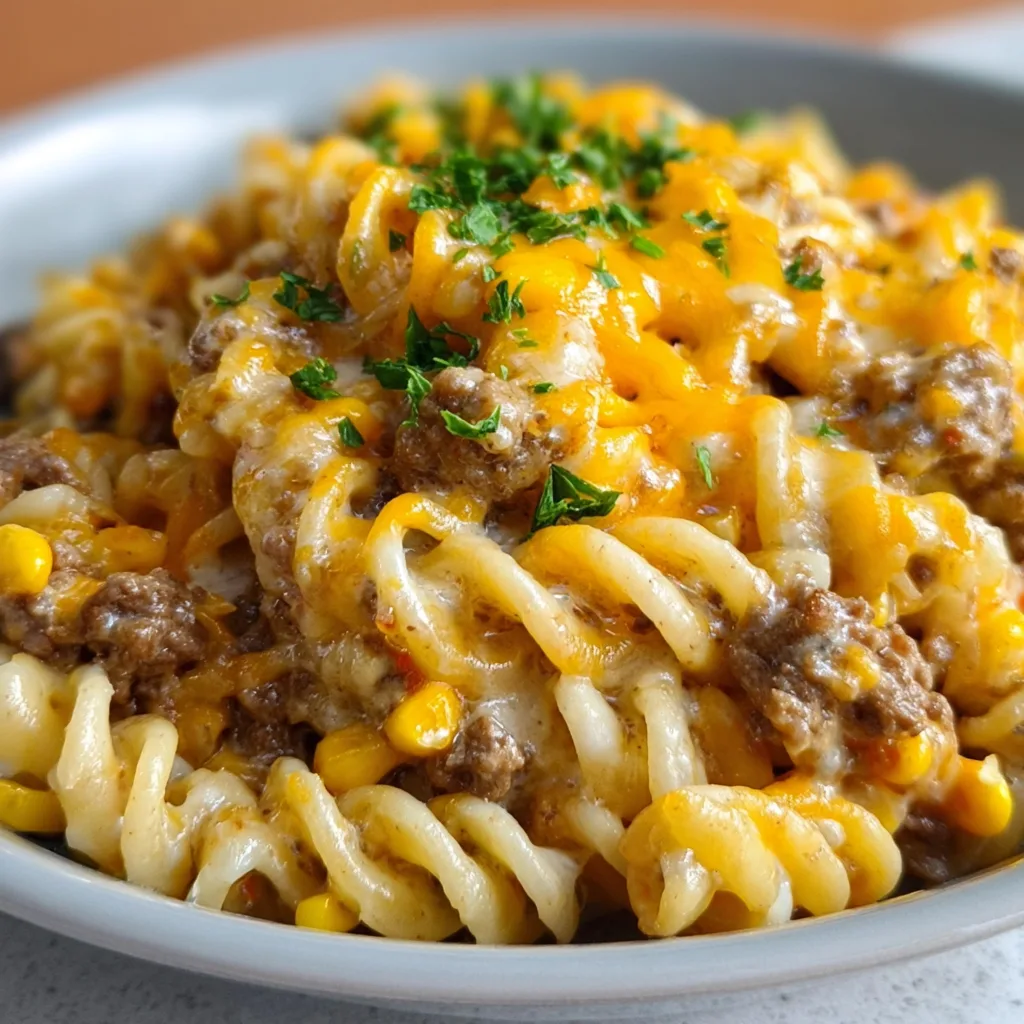Loaded Cheddar Ranch Beef and Sweet Corn Rotini Bake | Easy Comfort Food Recipe