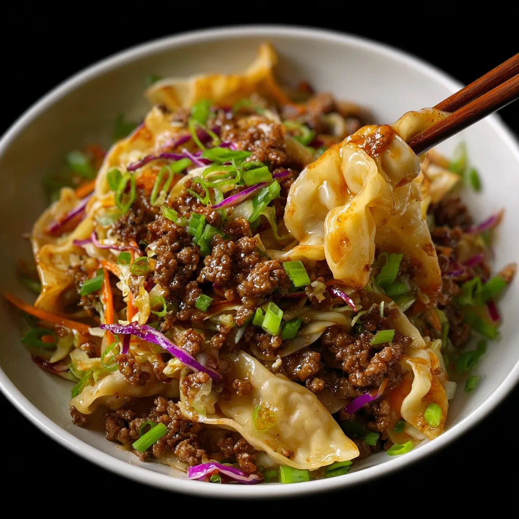 Delicious Potsticker Noodle Bowl with Beef & Fresh Cabbage Slaw Recipe
