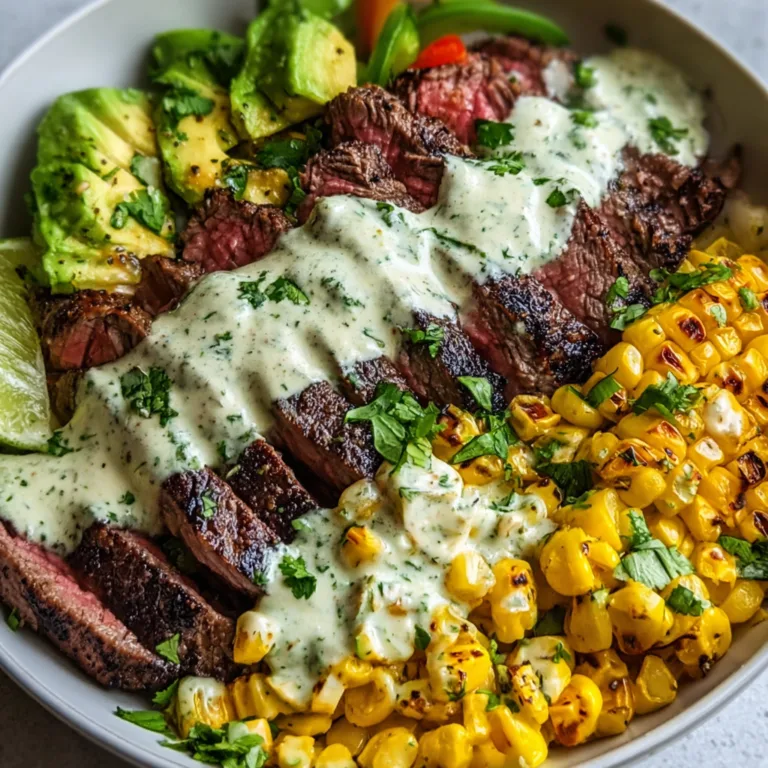 Steak, Avocado & Roasted Corn Bowl with Cilantro Cream Sauce | Healthy & Delicious Recipe