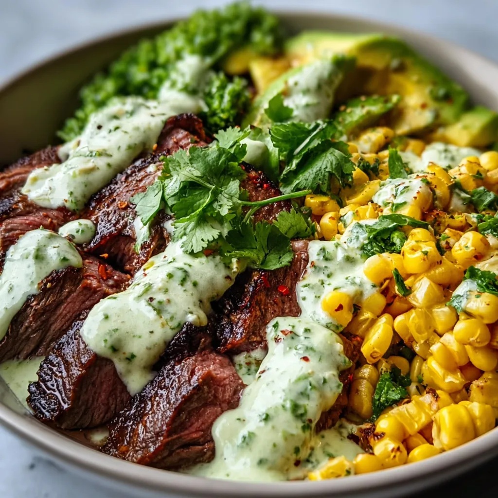 Steak, Avocado & Roasted Corn Bowl with Cilantro Cream Sauce | Healthy & Delicious Recipe